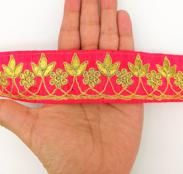 Radical Red Art Silk Fabric Trim, Gold Floral Embroidery Gota Patti Indian Sari Border Trim By Yard Decorative Trim Craft Lace